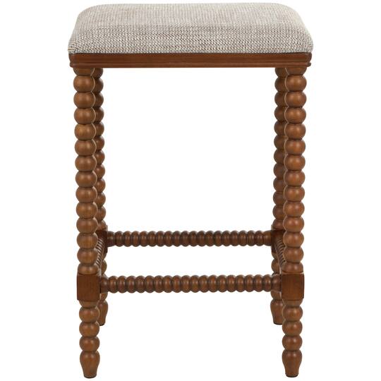 Brown Fabric Counter Stool with Wood Perle Legs & Beige Cushion